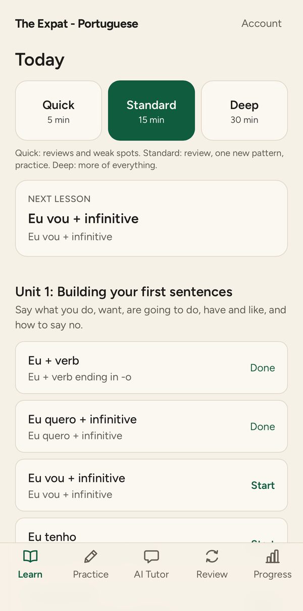 The Expat’s Learn screen: a choice of Quick (5 min), Standard (15 min) or Deep (30 min) sessions, the next lesson, “Eu vou + infinitive”, and Unit 1, “Building your first sentences”, with its first lessons.